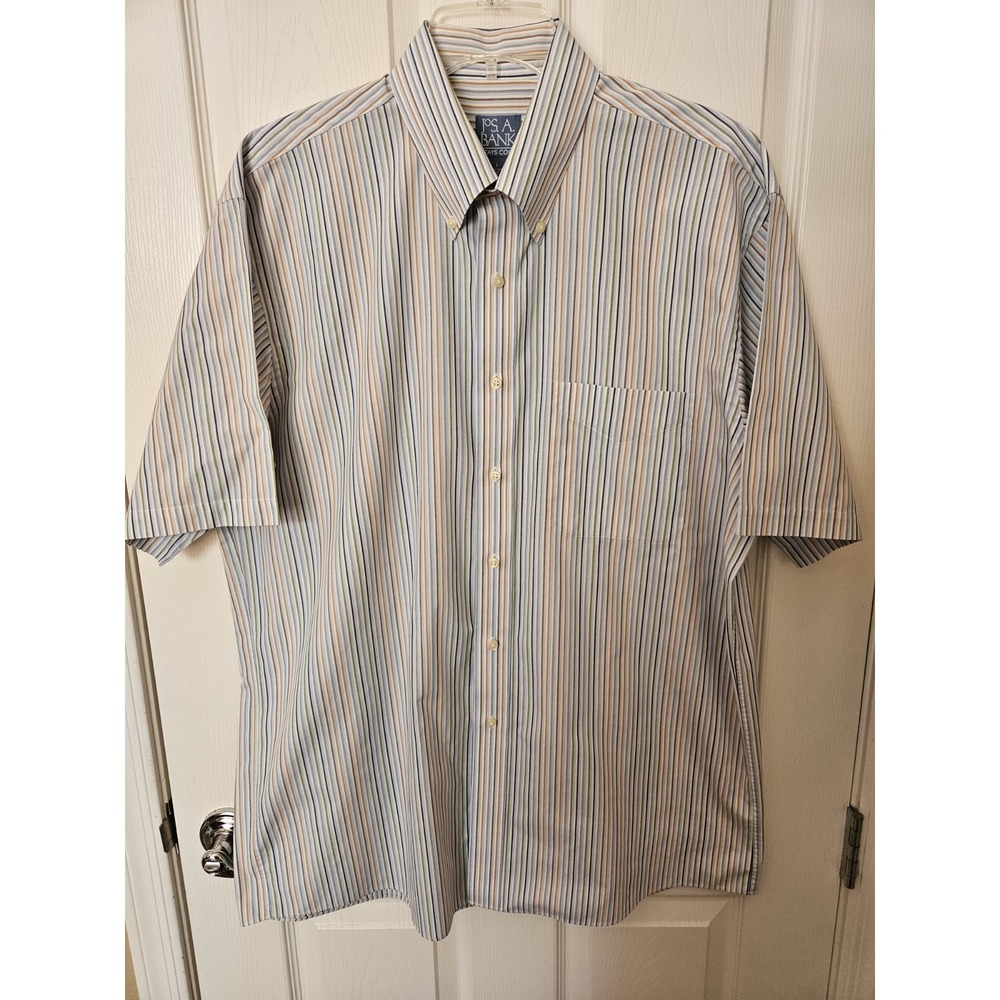 Jos. A. Bank Stays Cool Mens 100% Cotton Short Sleeve Multicolor Stripe Shirt, L